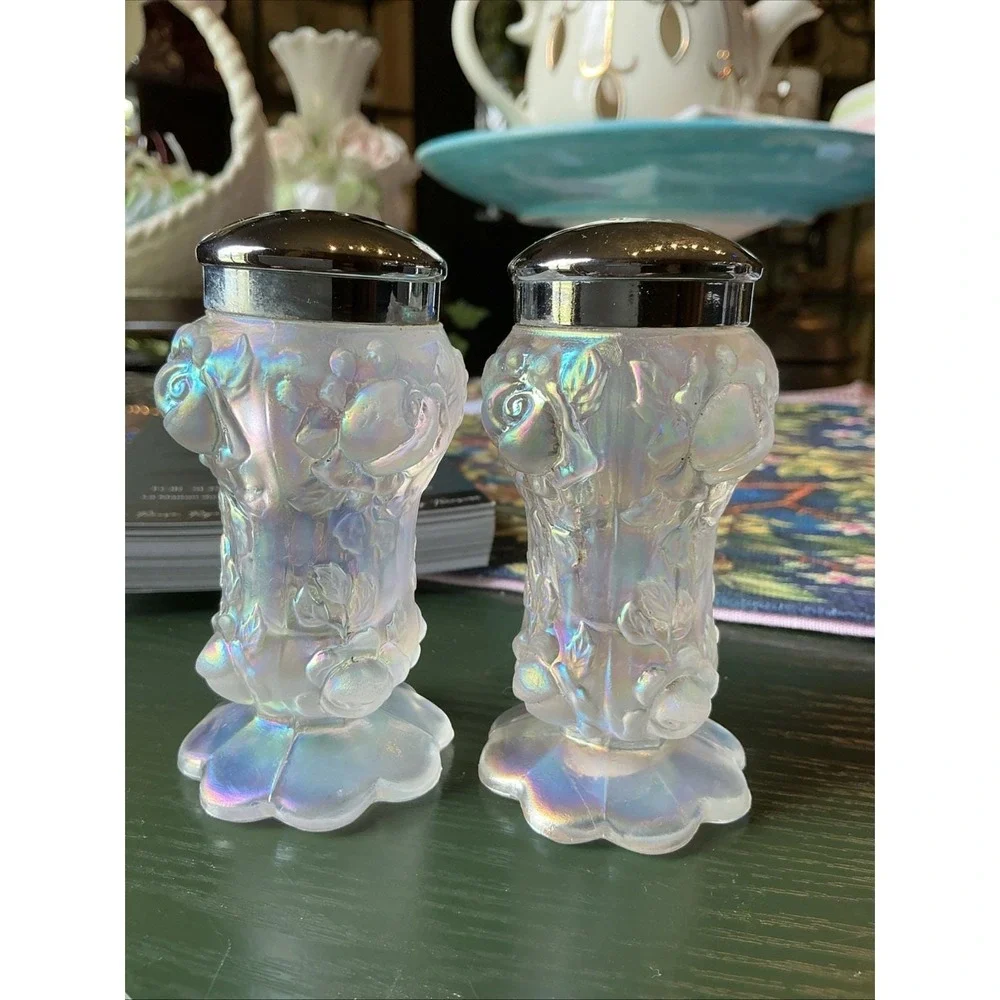 VTG Fenton Art Glass Cabbage Rose Clear‎ Opalescent Set Of Salt & Pepper Shakers